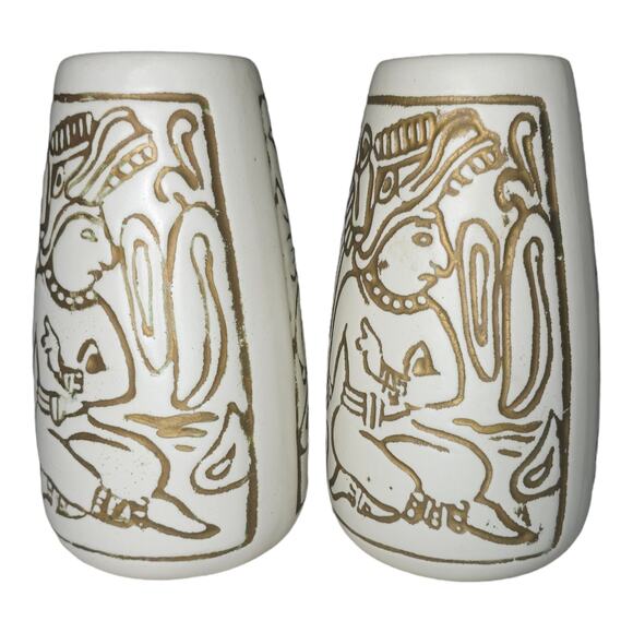 Vintage Mid-Century Mayan Aztec Native Design Vase Pair Cream Gold USA Made - Picture 13 of 16